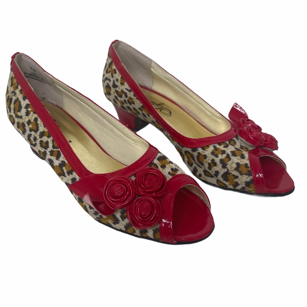 Solwear Red Leopard Print Peep Toe Pumps Size 6M